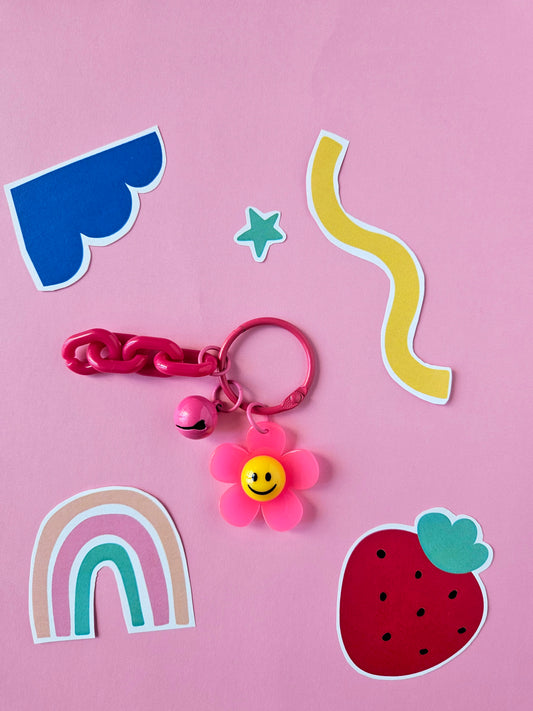 Flower Smiley Hot Pink Keychain